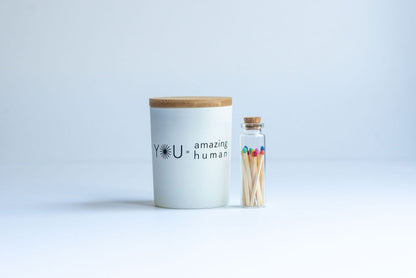 Amazing Human Project white candle, matches, personalized message, and custom box with shipping included