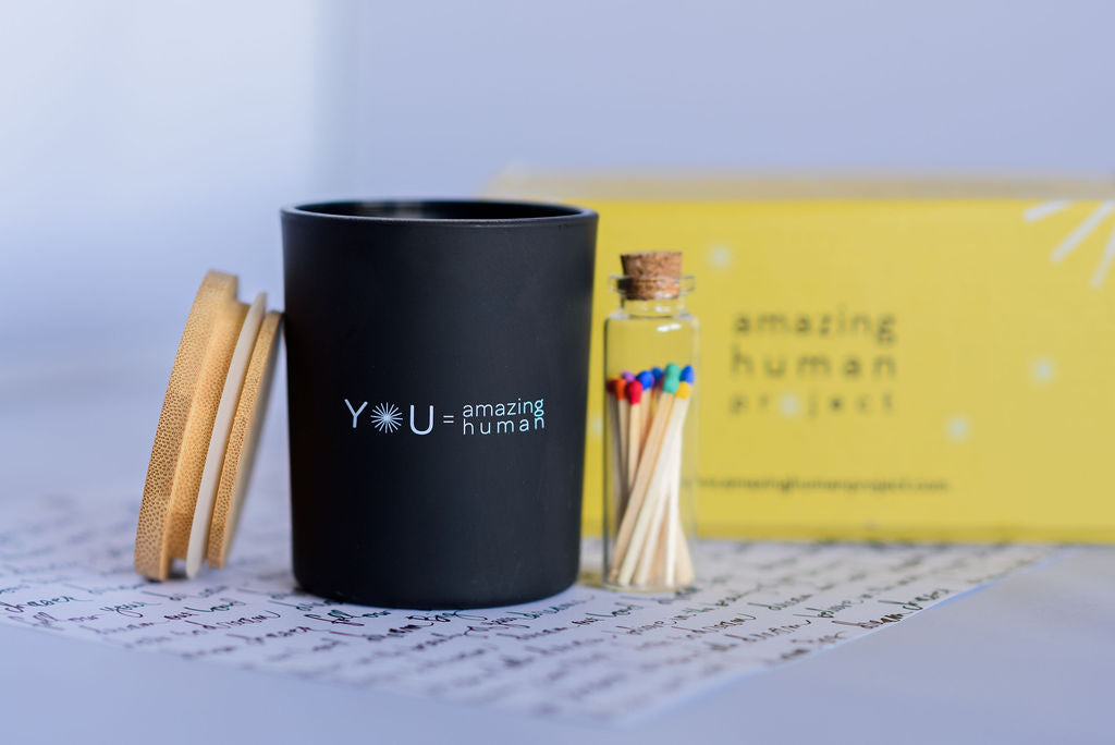 Amazing Human Project black candle, matches, personalized message, and custom box with shipping included - NEW