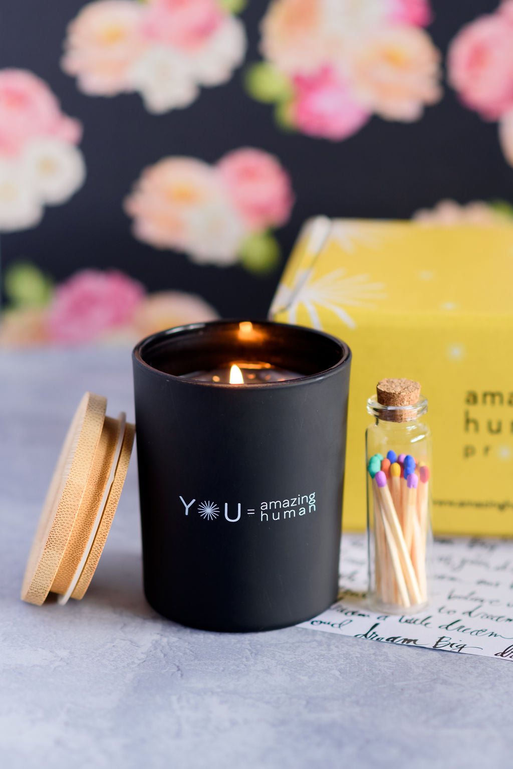 Amazing Human Project black candle, matches, personalized message, and custom box with shipping included - NEW