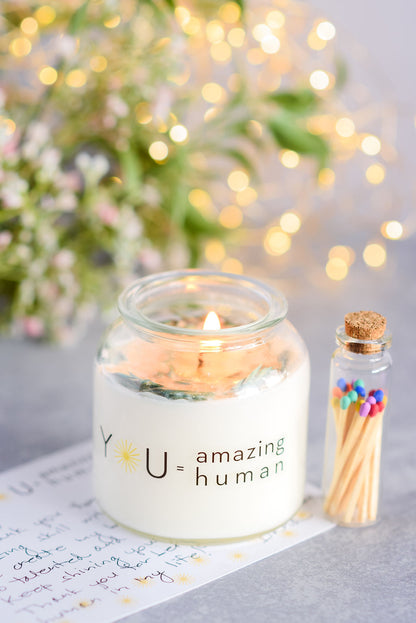 Amazing Human Project glass candle, matches, personalized message, and custom box with shipping included - NEW