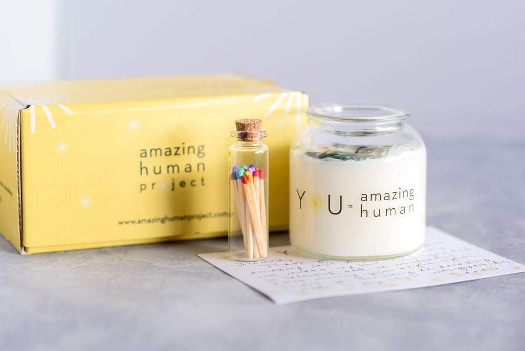 Amazing Human Project glass candle, matches, personalized message, and custom box with shipping included - NEW
