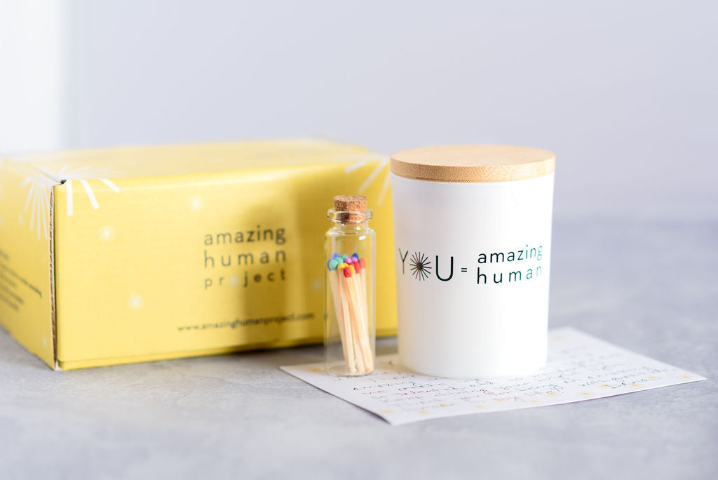 Amazing Human Project white candle, matches, personalized message, and custom box with shipping included